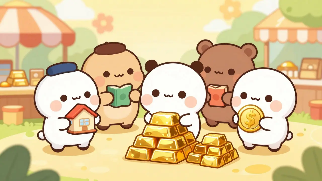 Chibi characters holding tokenized assets like houses and gold