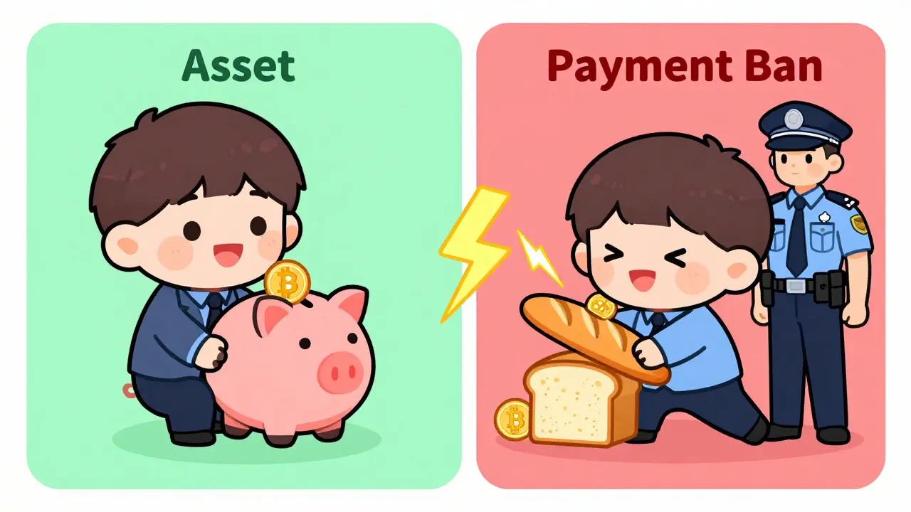 Chibi characters illustrating safe crypto holding vs illegal crypto payments