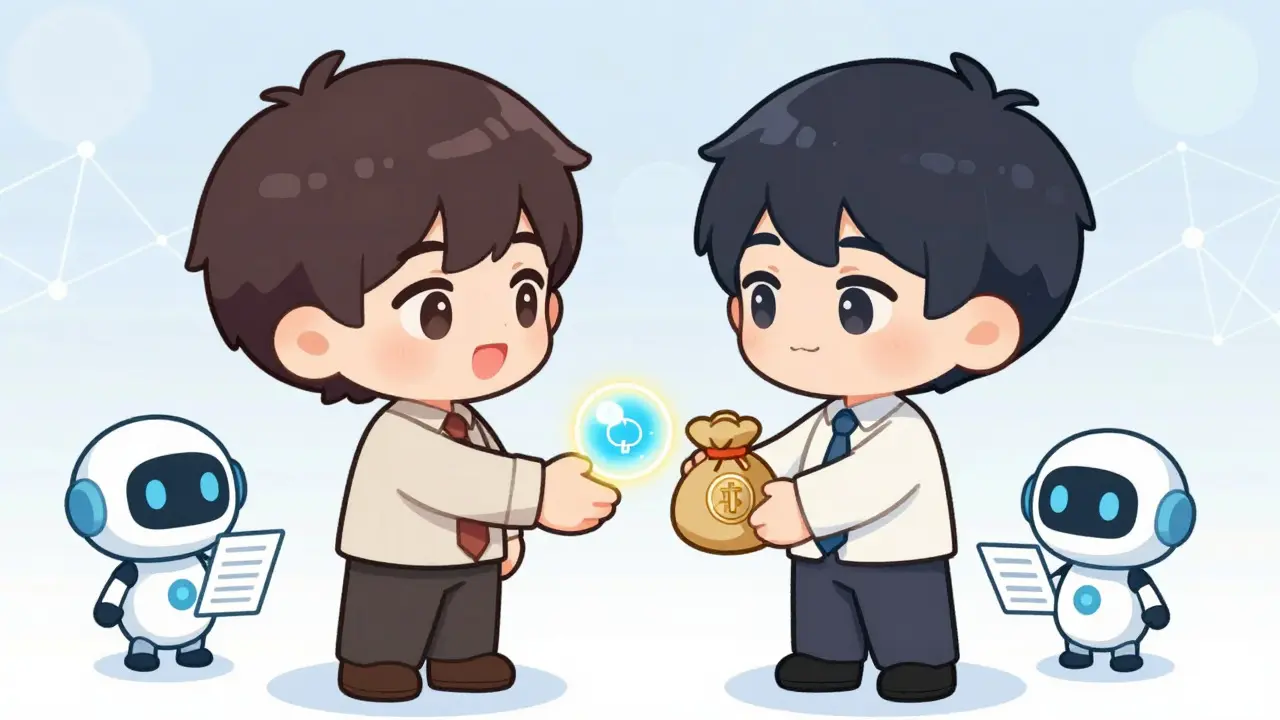 Chibi characters making P2P crypto trade