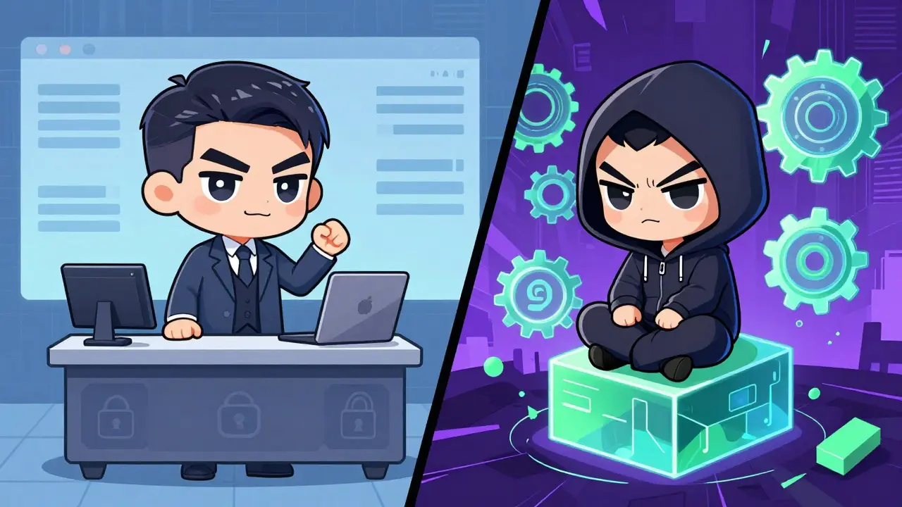 Chibi comparison of suited CEX trader and hooded DeFi hacker