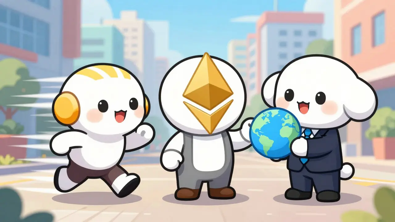 Chibi crypto characters representing SOL, ETH, and XRP utilities.