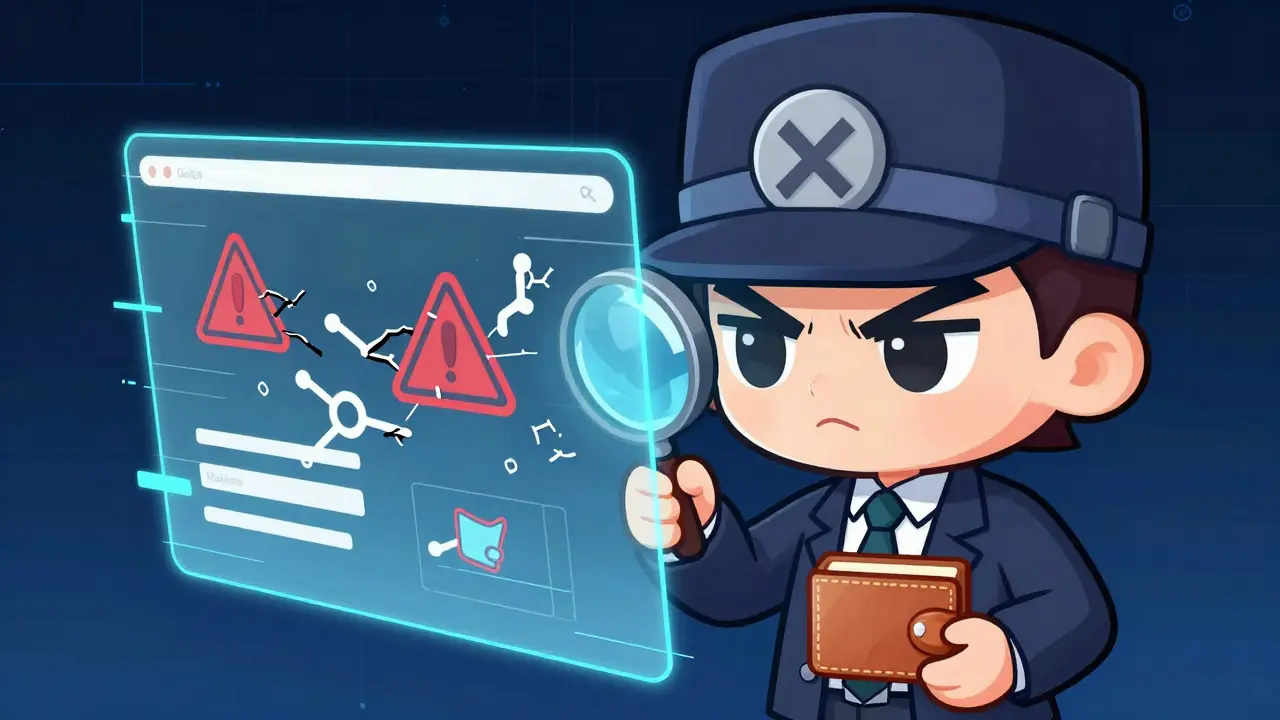 Chibi detective inspecting a glitchy scam website hologram