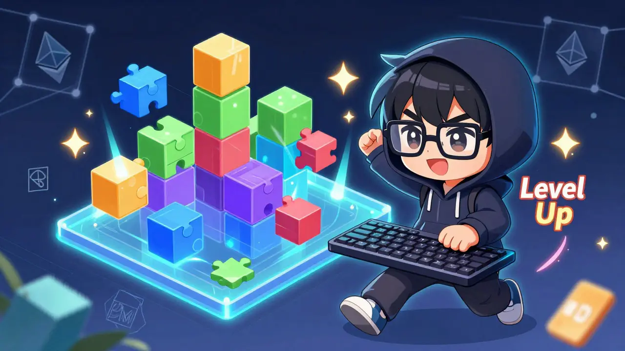 Chibi developer building the AdEx ecosystem with colorful code blocks and energy