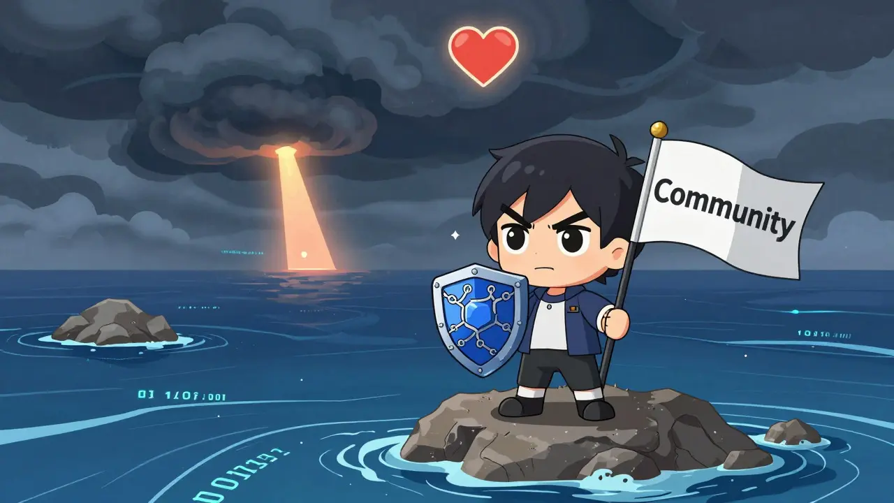 Chibi figure holding a community flag against stormy crypto waves