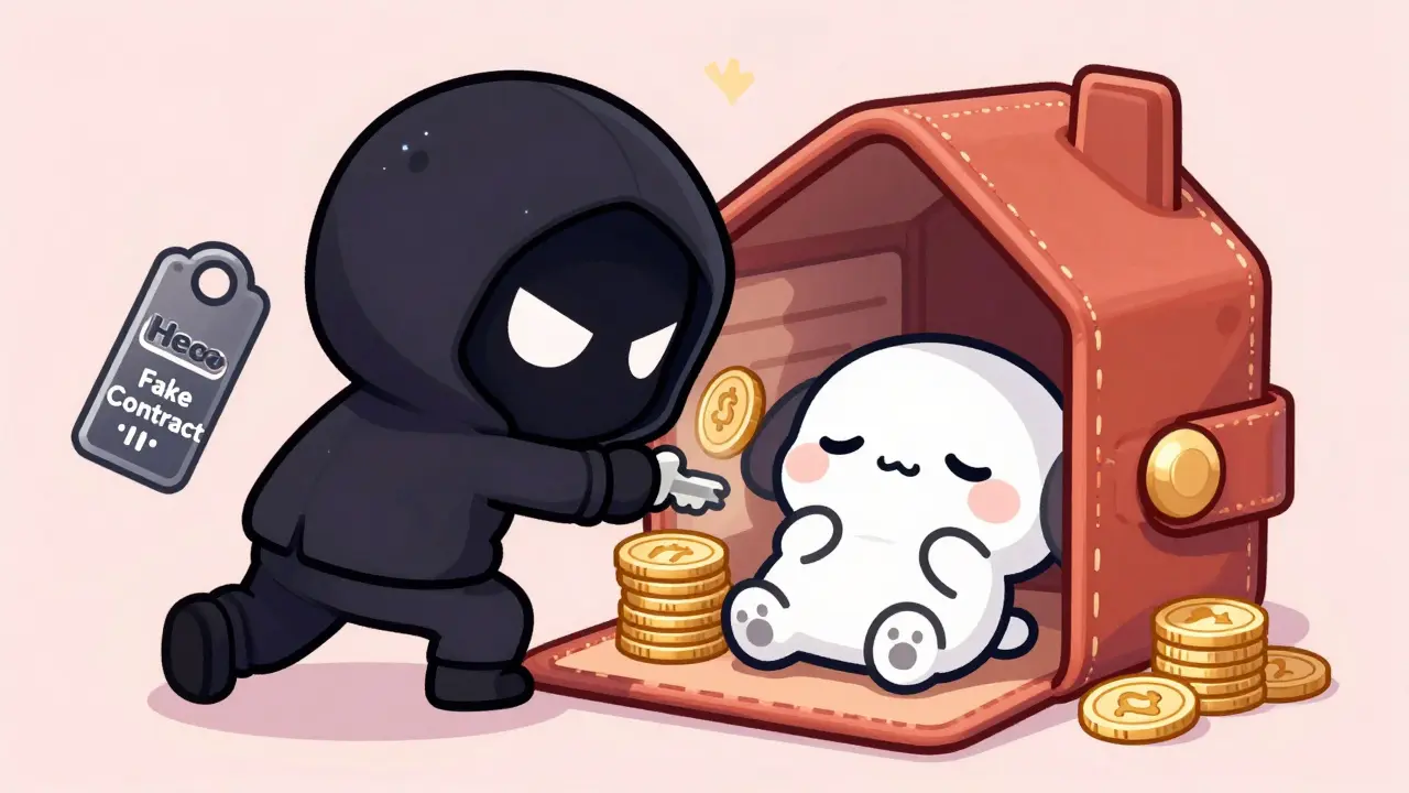 Chibi hacker stealing from a wallet mascot via fake contract key