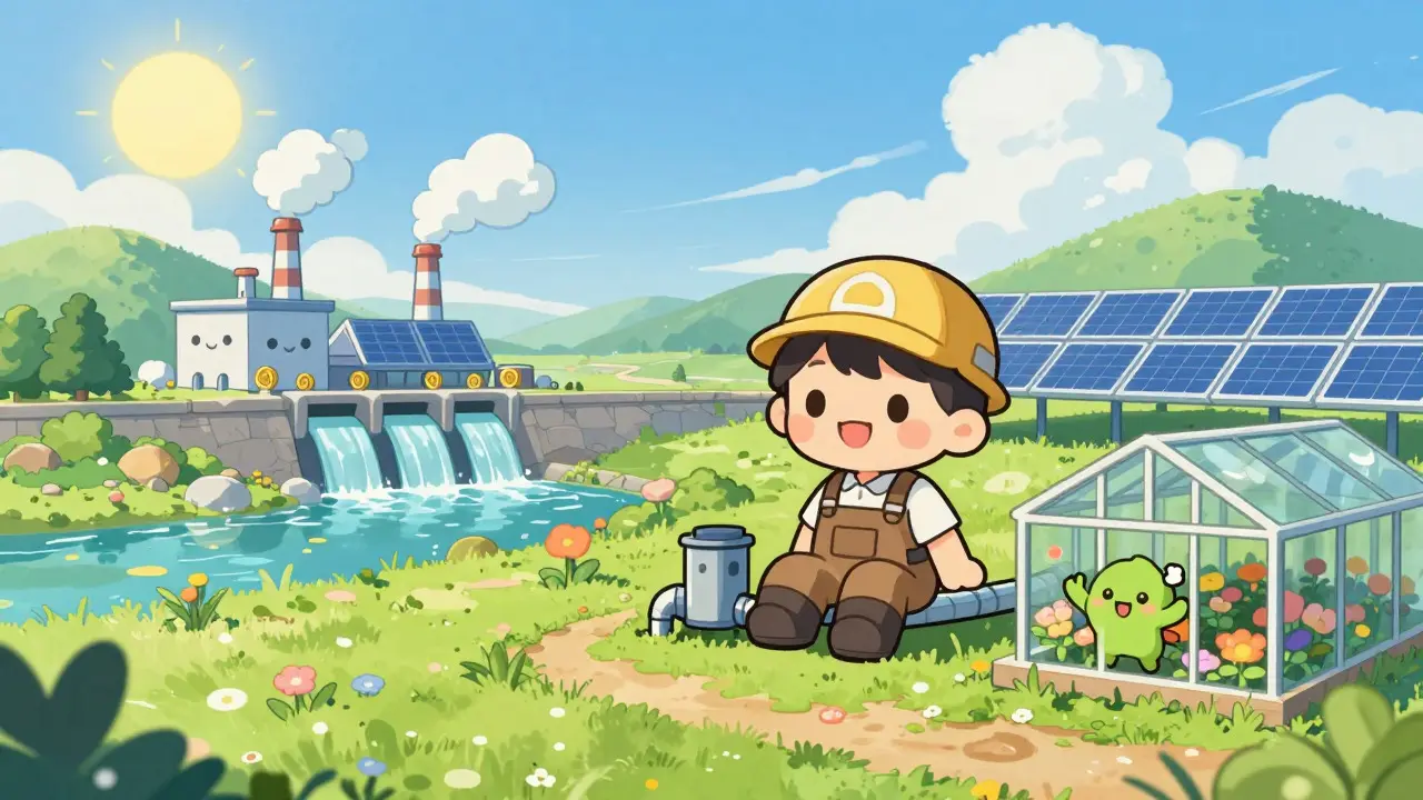 Chibi miner near green energy sources and a heated greenhouse
