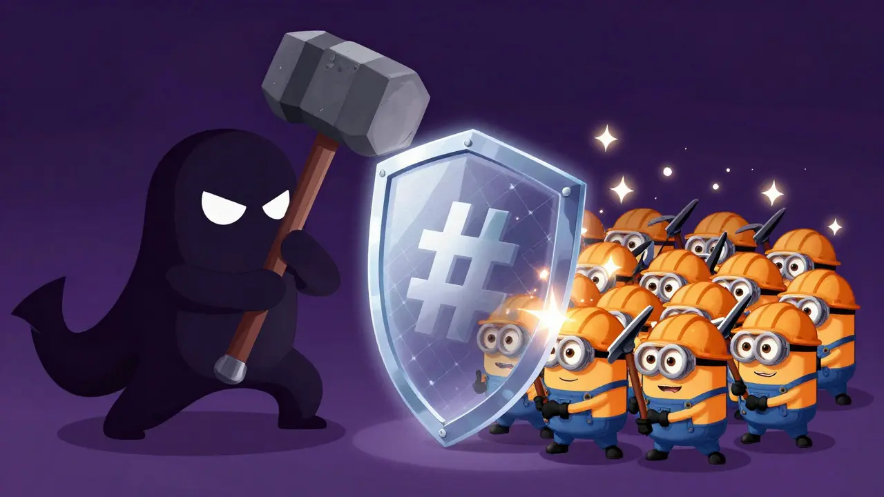 Chibi miners defending a shield against a shadowy attacker