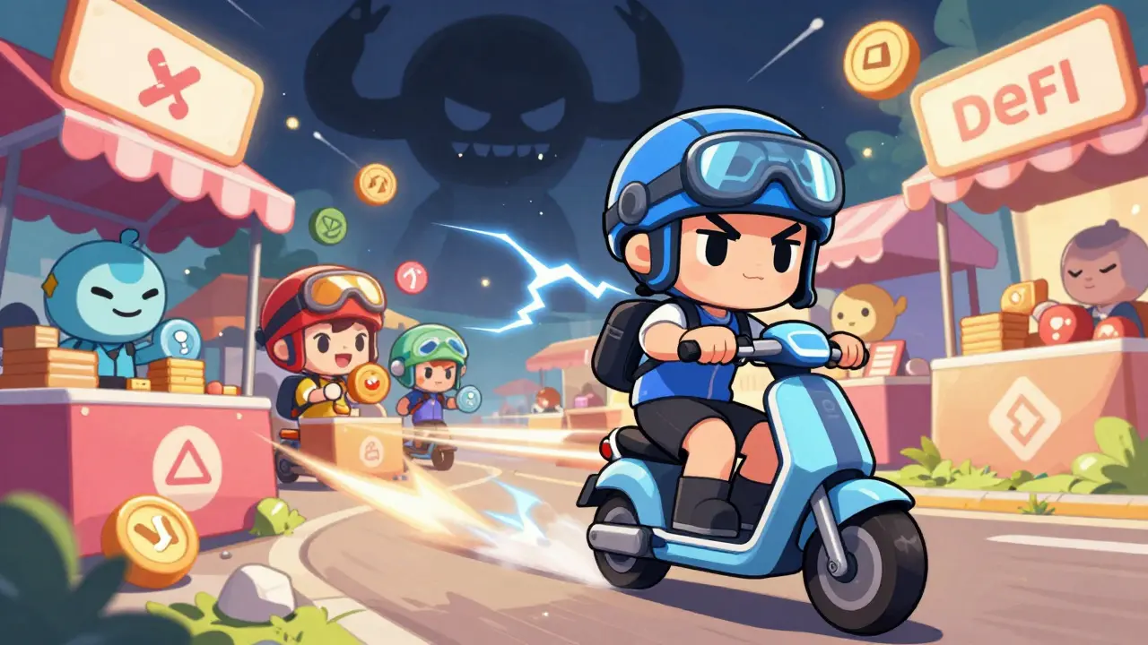 Chibi rider speeding through vibrant DeFi marketplace