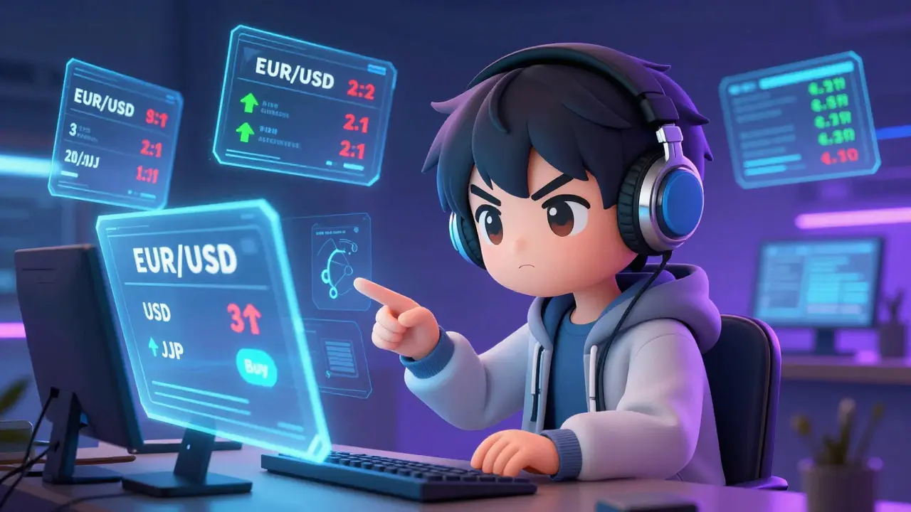 Chibi trader analyzing forex charts with colorful visual cues
