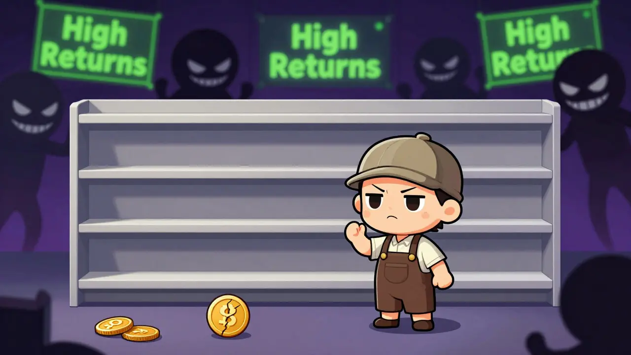 Chibi trader facing empty shelves while shadowy scammer figures lurk behind fake high-return banners.