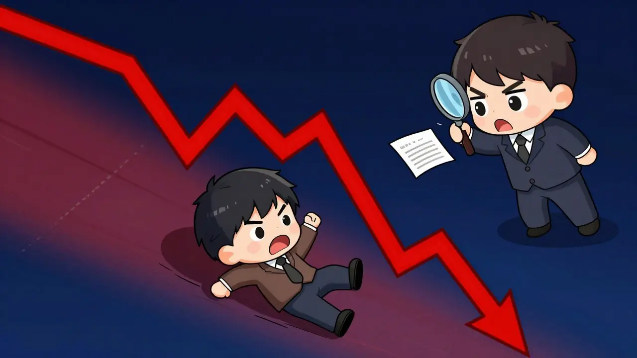 Chibi trader sliding down a crashing price chart in manga style