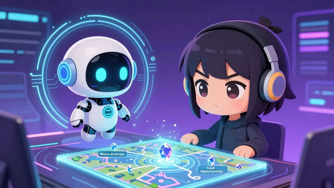 Cute chibi AI robot AURA showing a user hidden crypto opportunities on a hologram