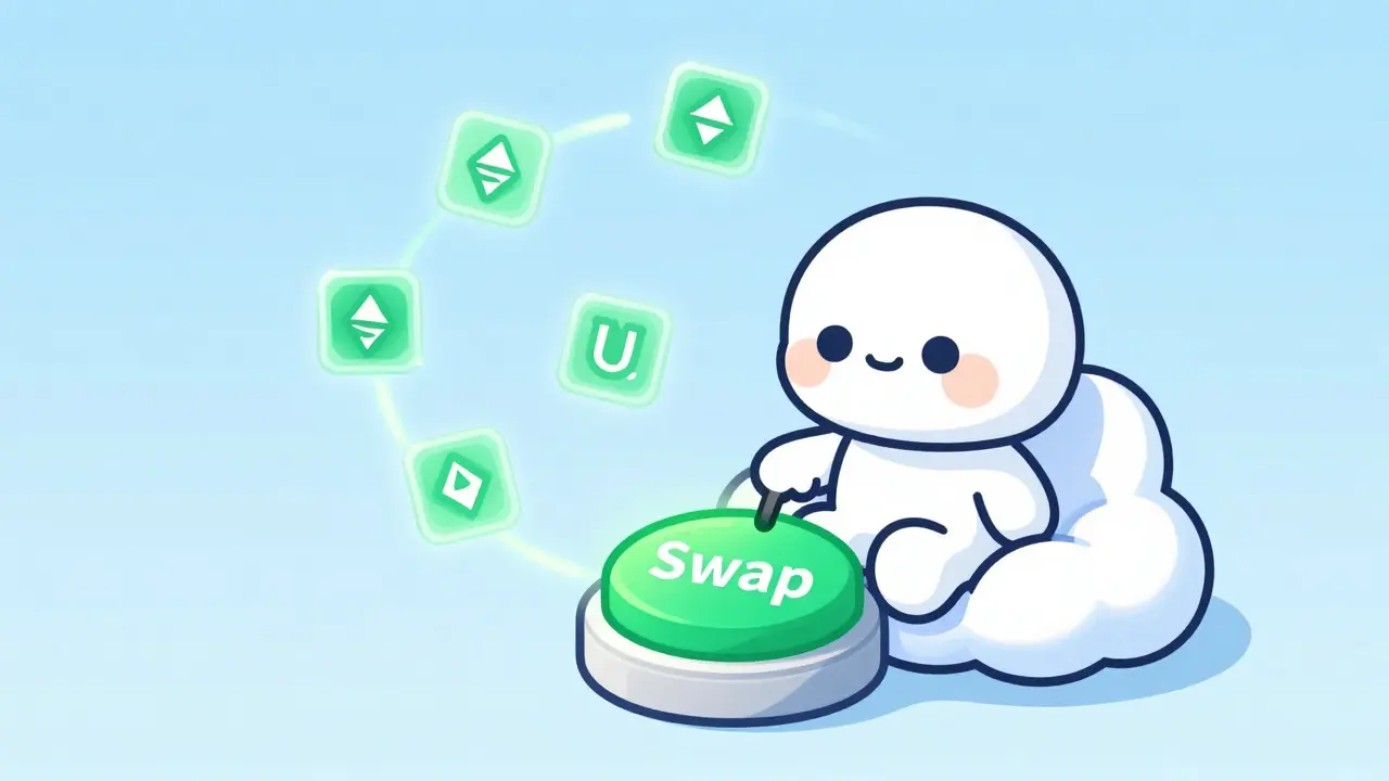 Cute chibi character easily swapping tokens on a simple interface