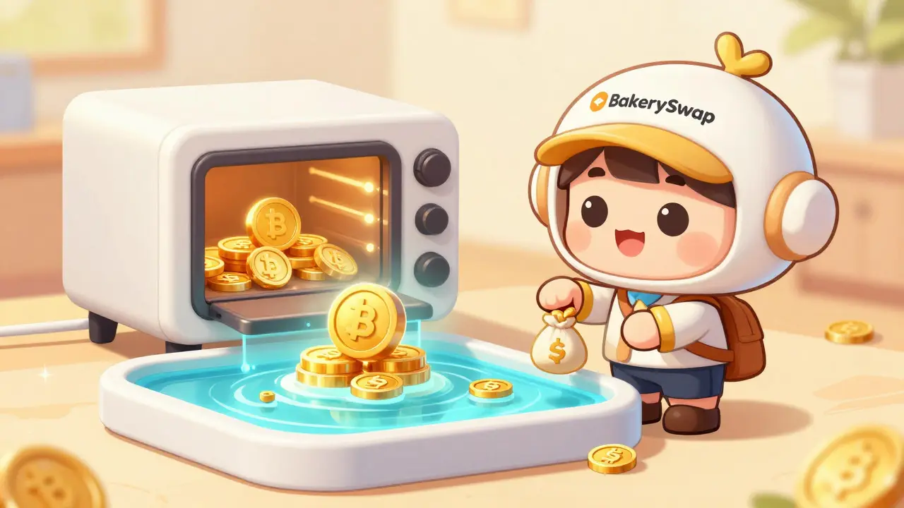 Cute chibi character safely adding coins to a golden liquidity pool
