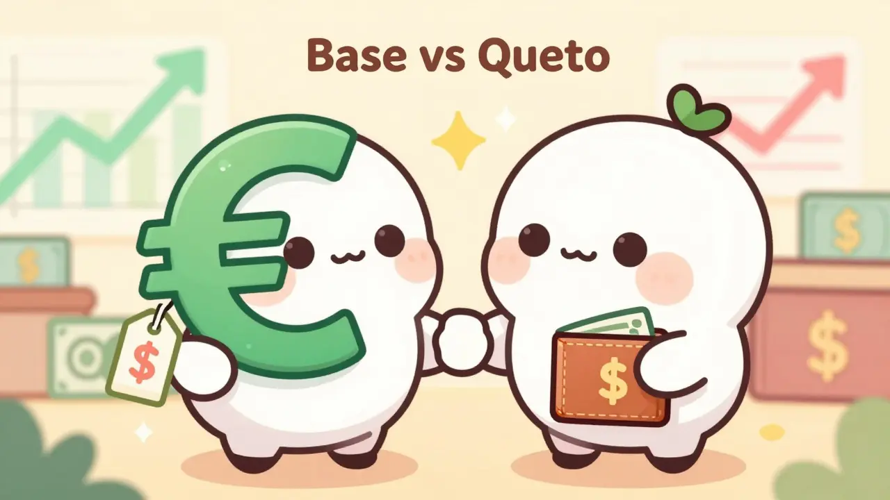 Cute Euro and Dollar characters illustrating base and quote currencies