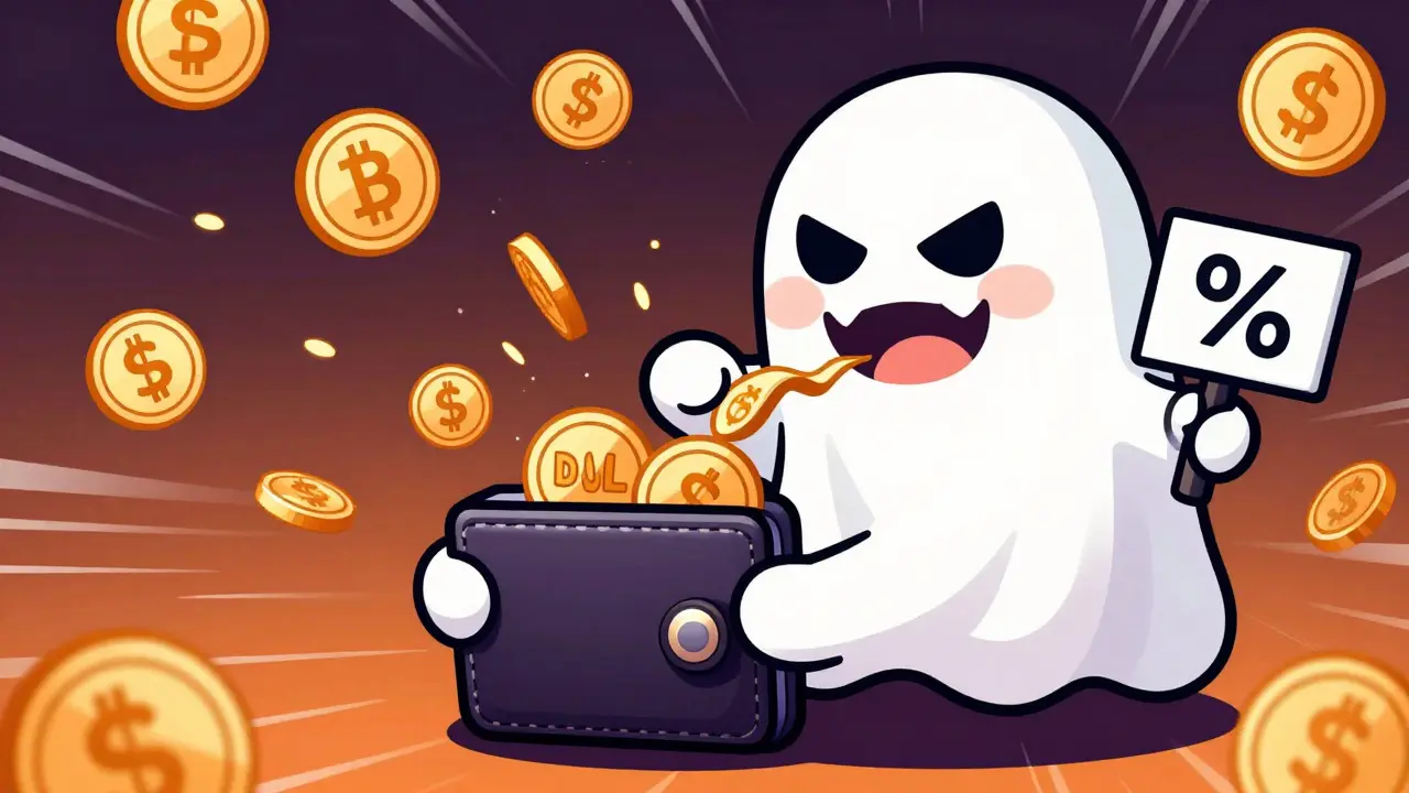 Cute ghost chibi draining crypto coins from a wallet to represent monthly fees