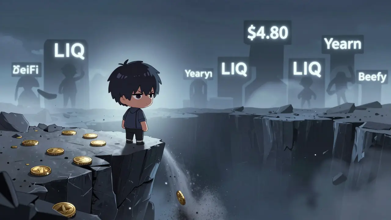 Distressed chibi character watching LIQ coins crumble into dust as value crashes.