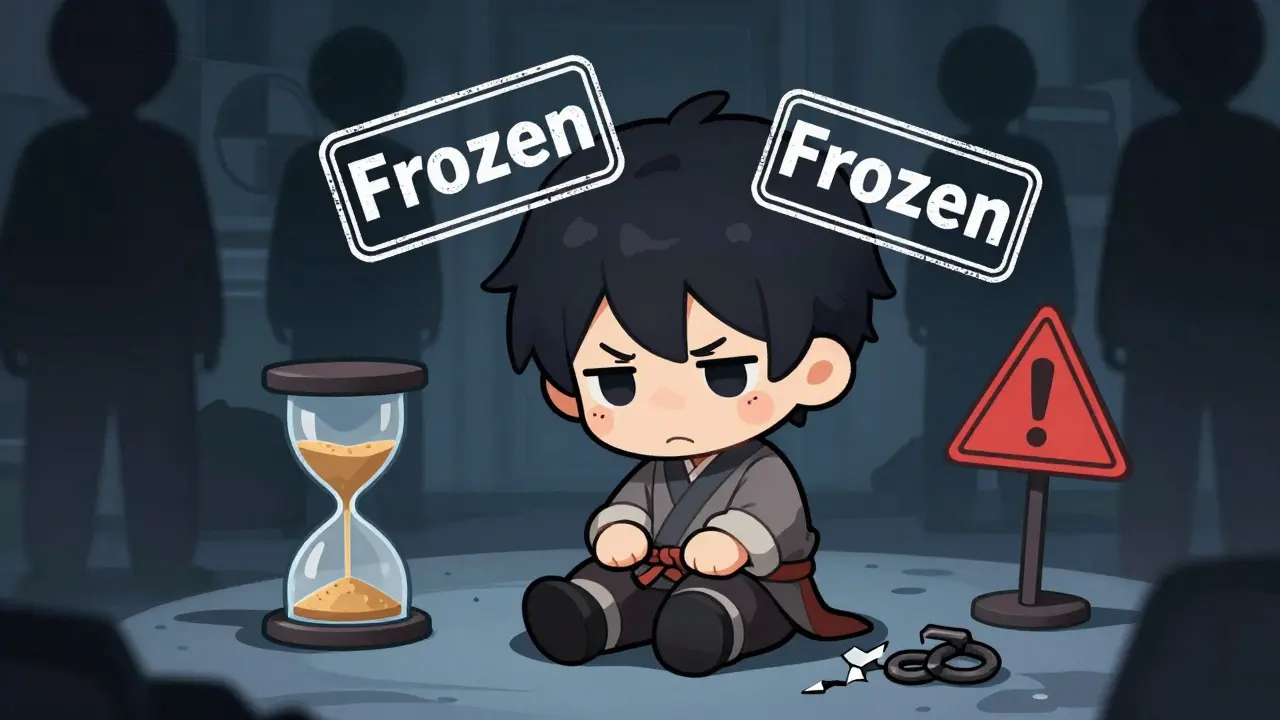 Distressed chibi trader with frozen account symbols