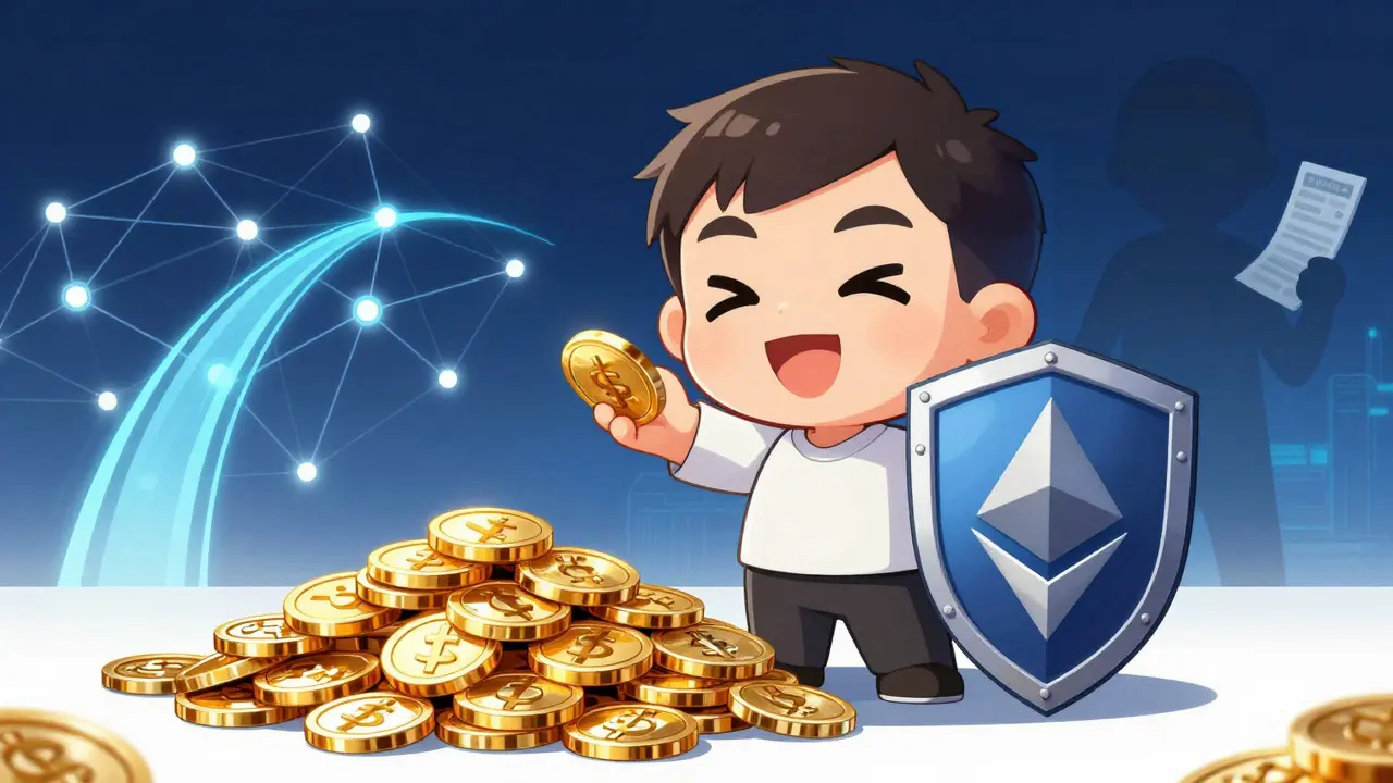 Happy chibi character saving money with low fees and secure shield
