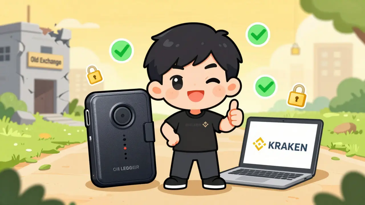 Happy chibi character securing funds in hardware wallet and moving to new exchange