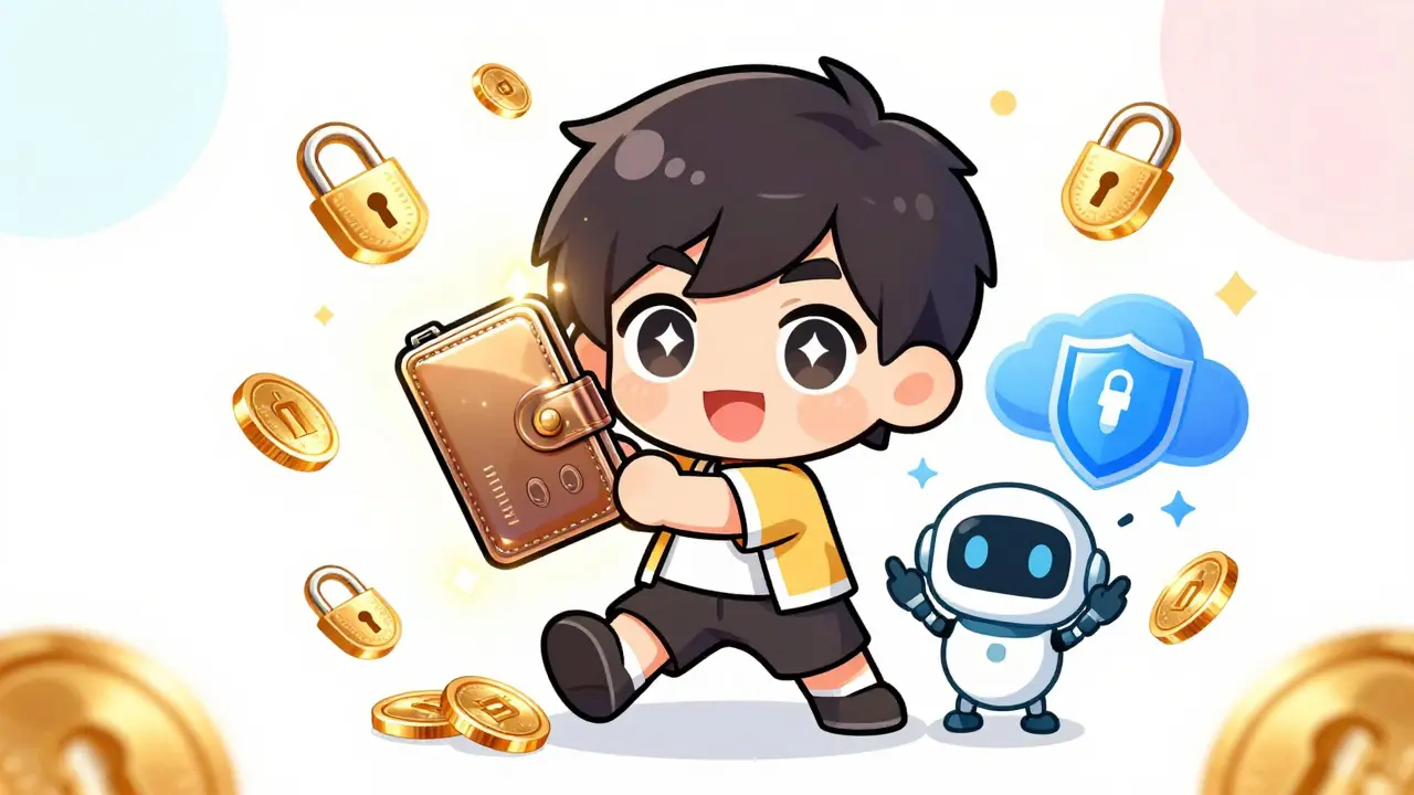 Happy chibi holding hardware wallet with golden coins and open locks