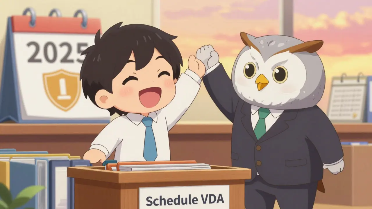 Happy chibi investor high-fiving an owl advisor next to organized tax files.