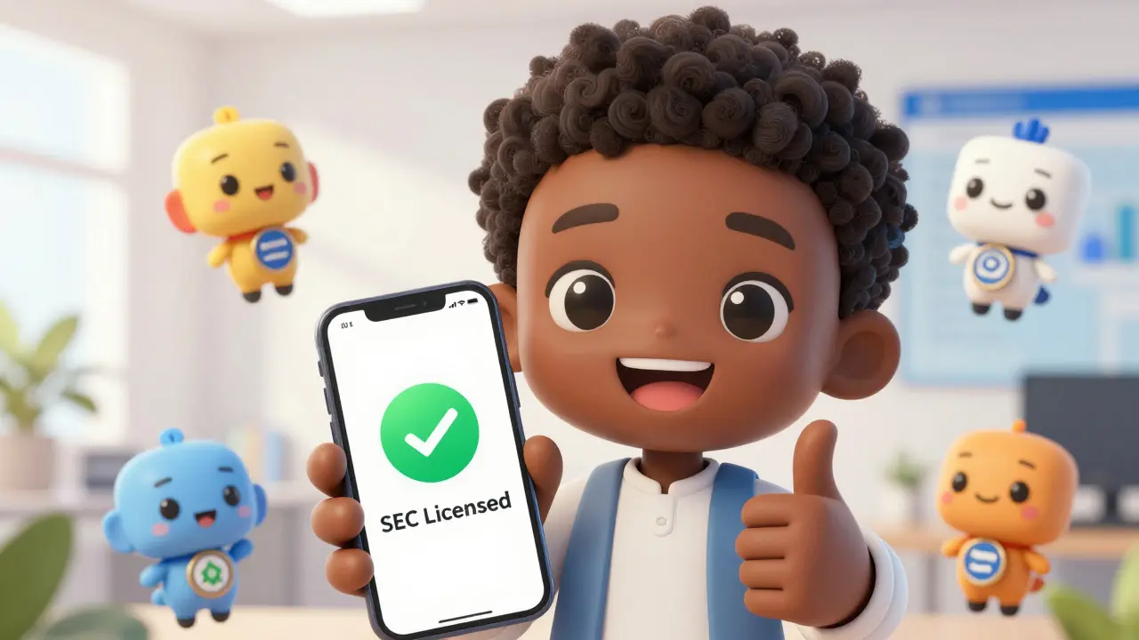 Happy user verifying safe SEC licensed crypto platform