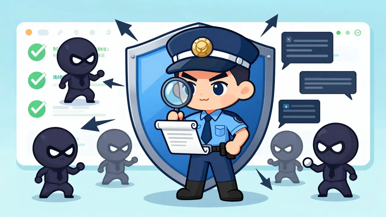 Heroic chibi detective blocking phishing attacks with a security shield and magnifying glass.