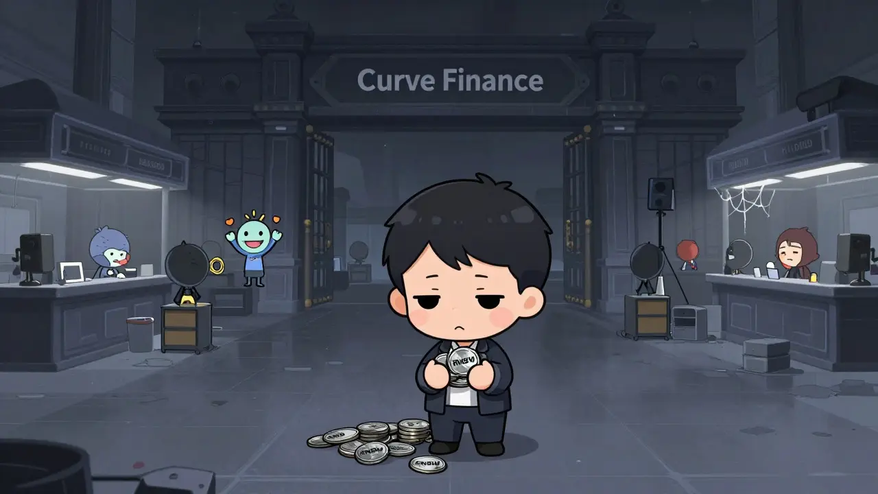 Sad chibi holding worthless RNBW tokens in an empty market next to busy Curve Finance.