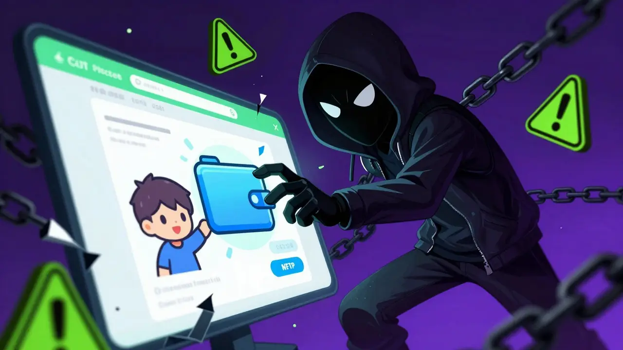 Shadowy hacker stealing chibi user's crypto wallet in phishing attack scene