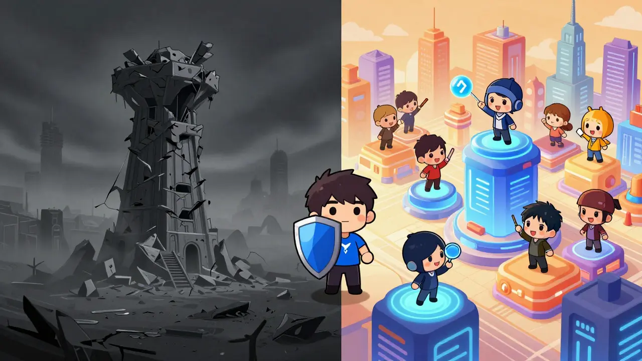 Split view: gloomy abandoned crypto tower vs bright safe trading city, with a protected chibi user.