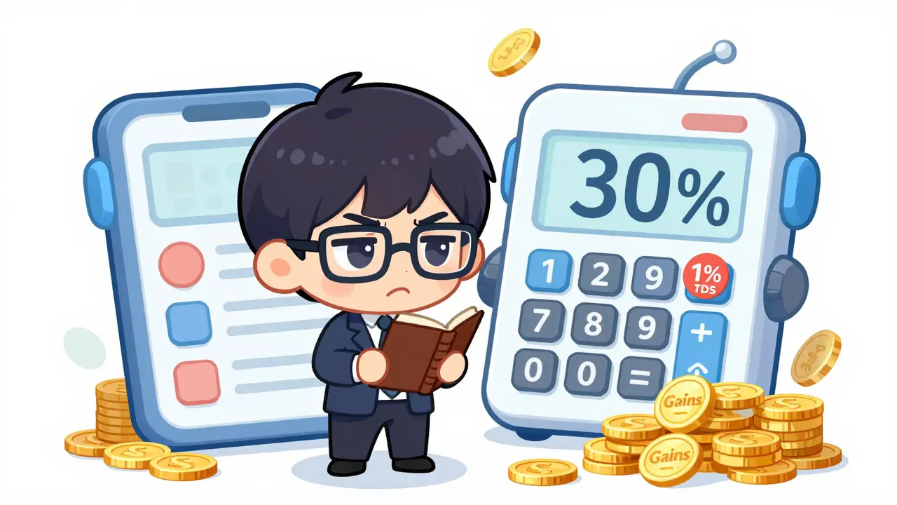 Stressed chibi accountant looking at a robot showing 30% tax rate and 1% TDS.