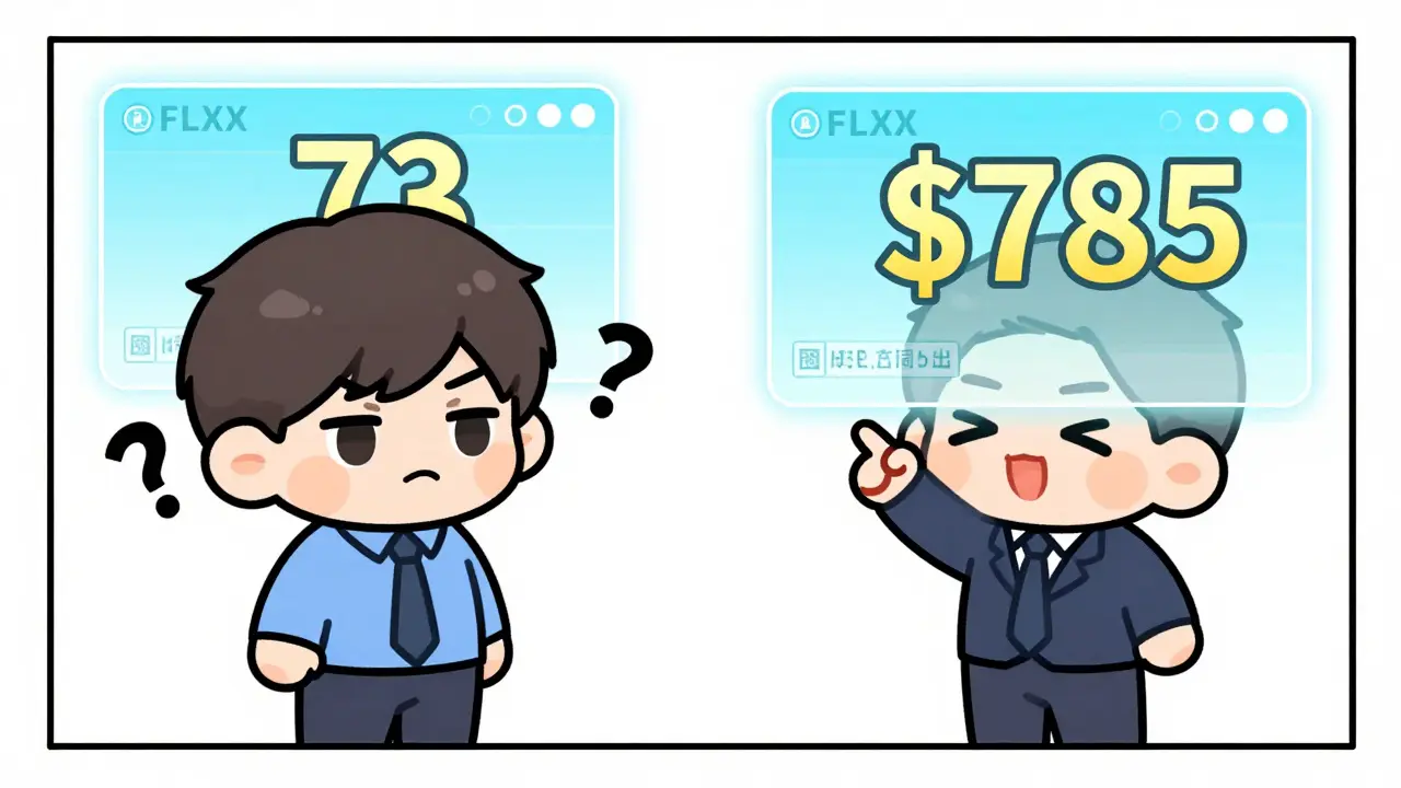 Two cute anime characters examining price discrepancies for NFLXX on digital screens, highlighting data variance.