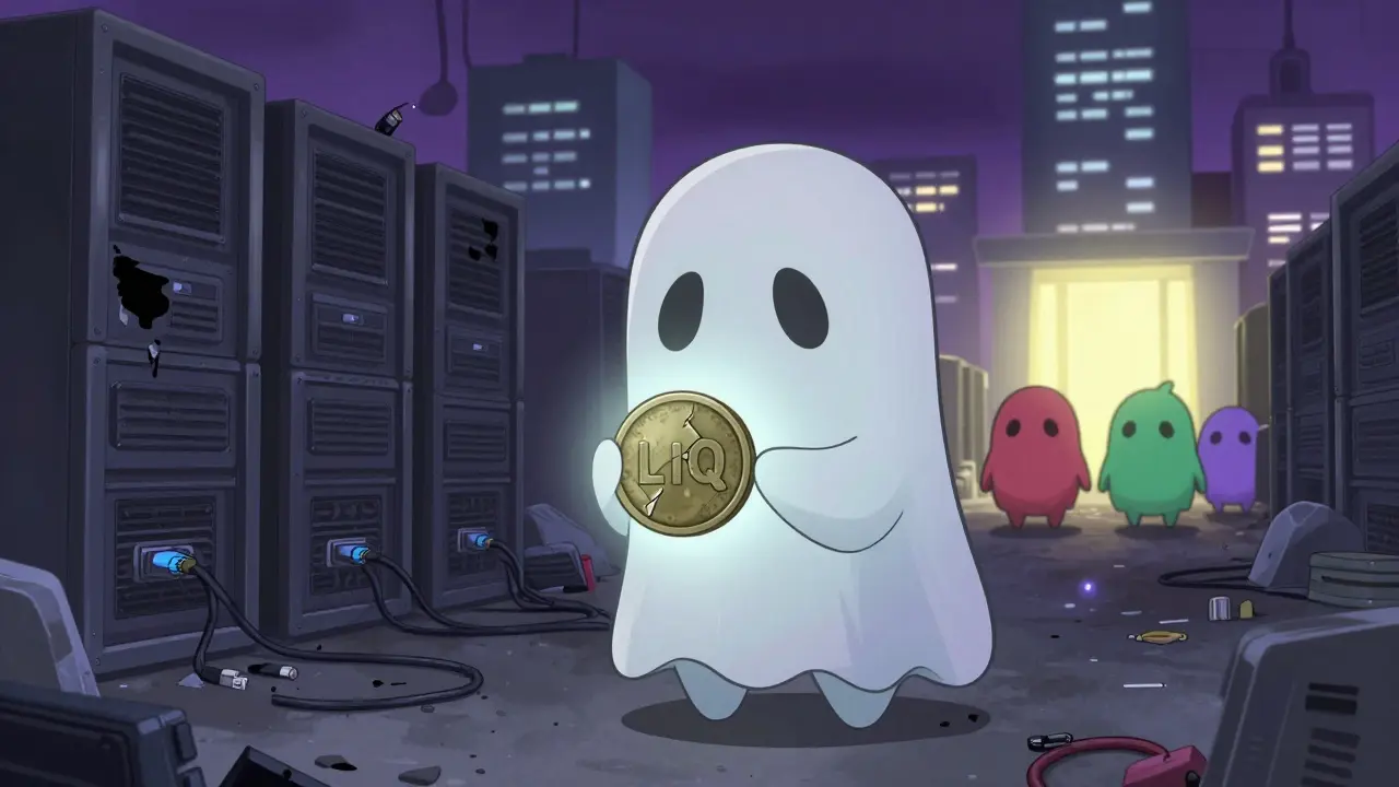 Zombie-like chibi ghost holding a faded LIQ coin in a digital graveyard setting.