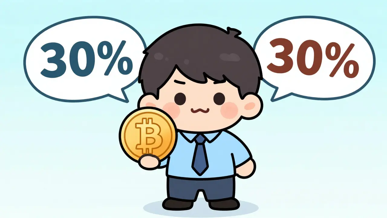 A cheerful chibi investor holds a Bitcoin for a long time but faces a uniform tax rate, emphasizing that holding periods don't reduce taxes in India.