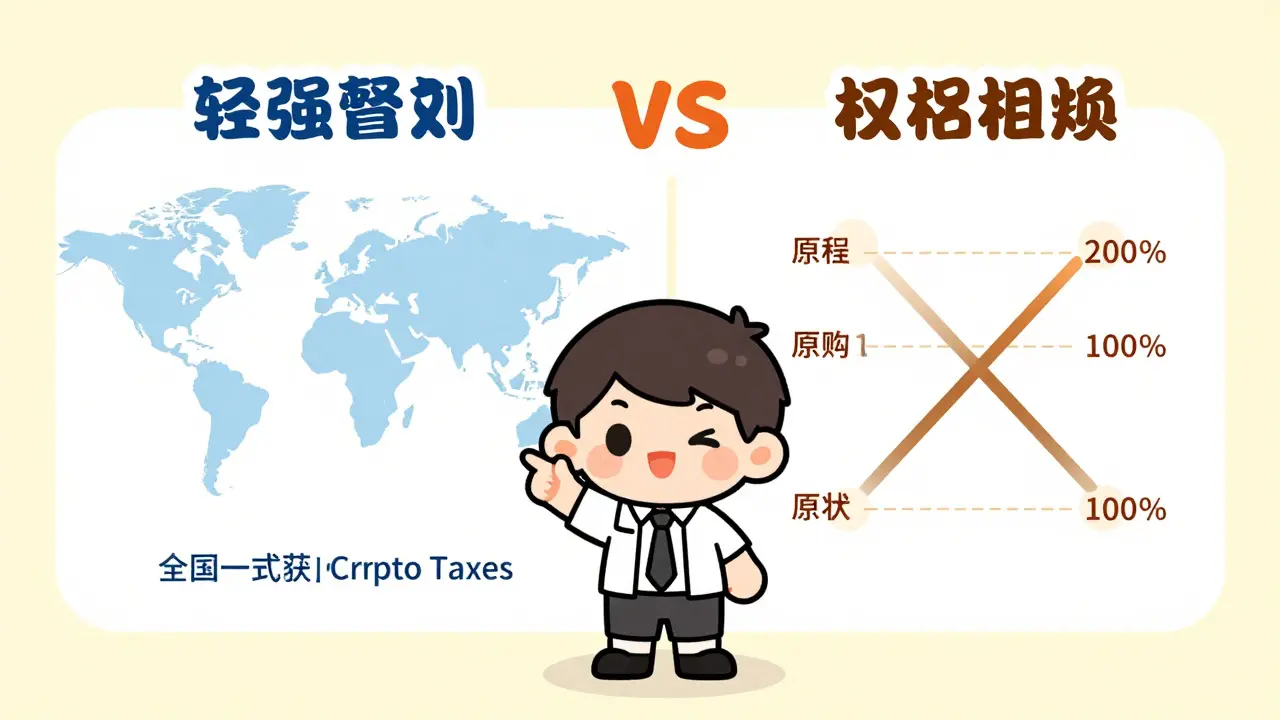 A friendly chibi character presents a global tax comparison, contrasting India's stringent 30% rule with more favorable international policies like Germany's.
