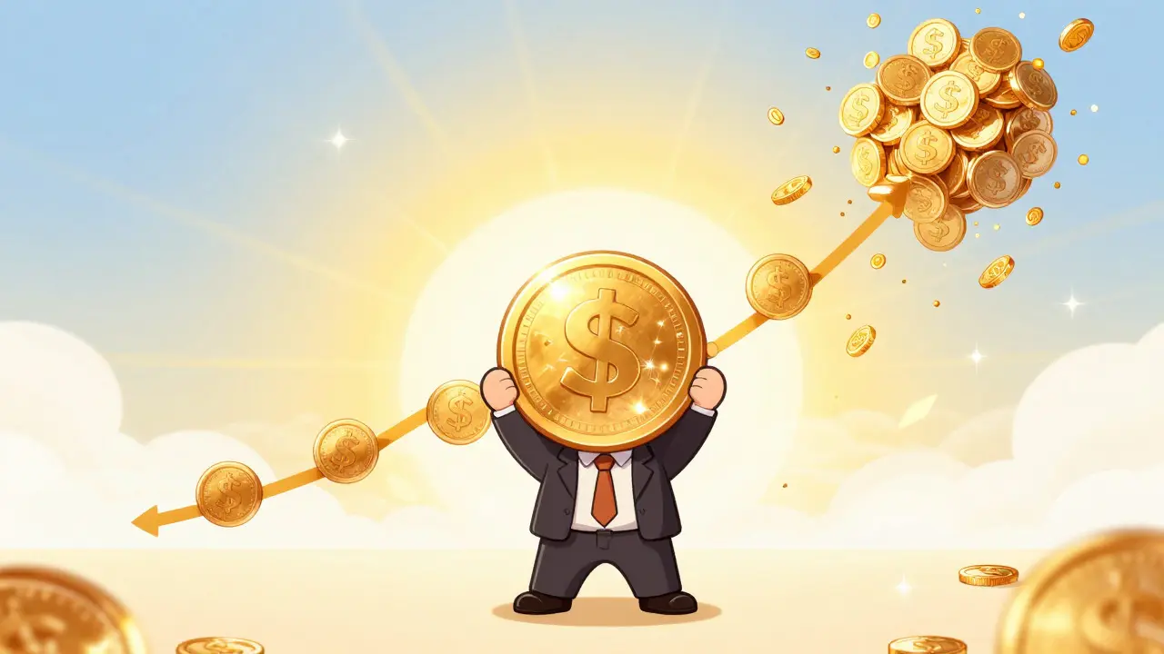 Chibi anime character celebrating long-term compound growth with golden coin