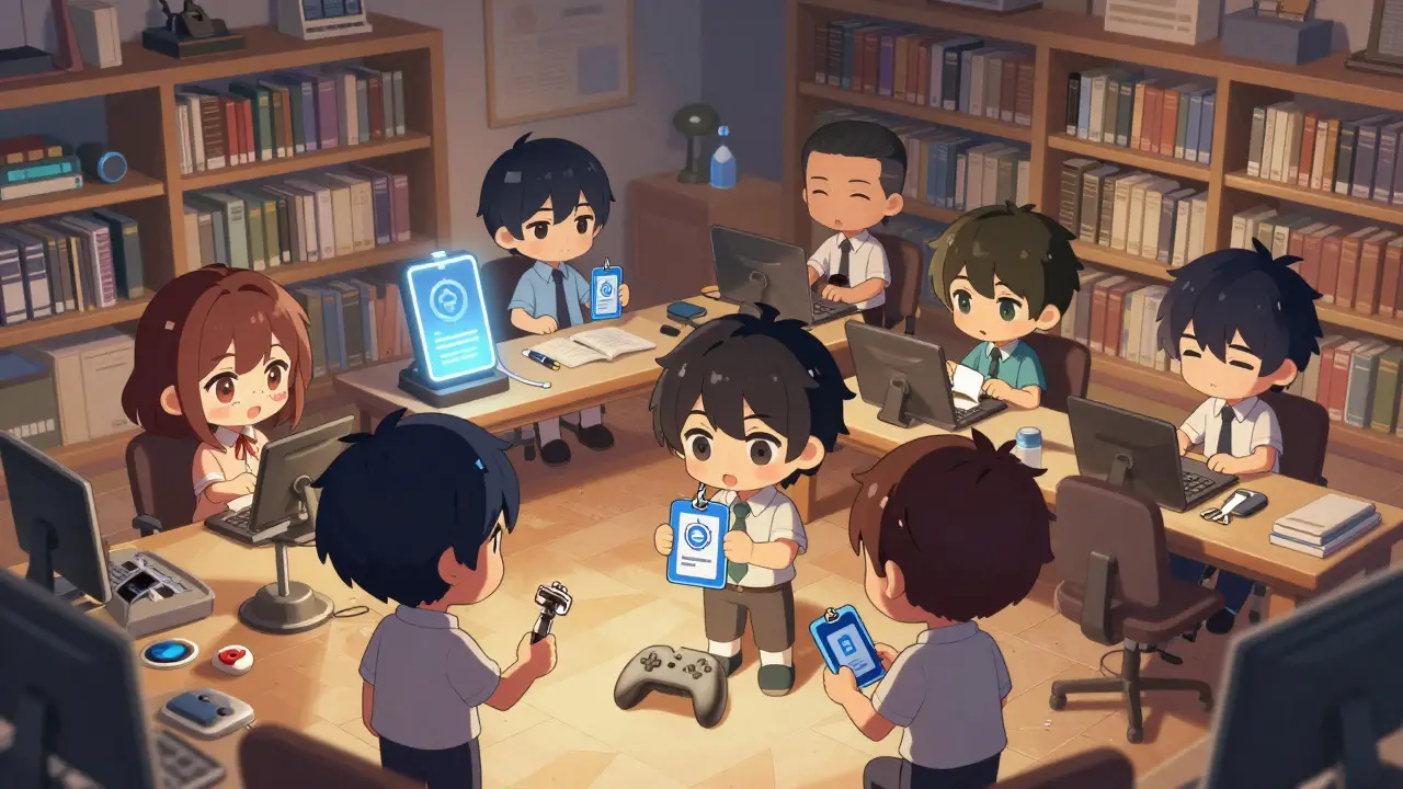 Chibi anime characters using practical digital tools in a calm workshop setting