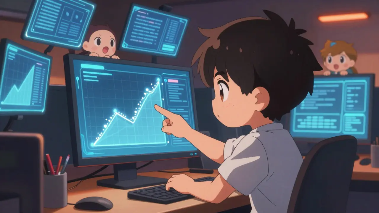 Chibi anime figure working on a glowing virtual dashboard with mascots