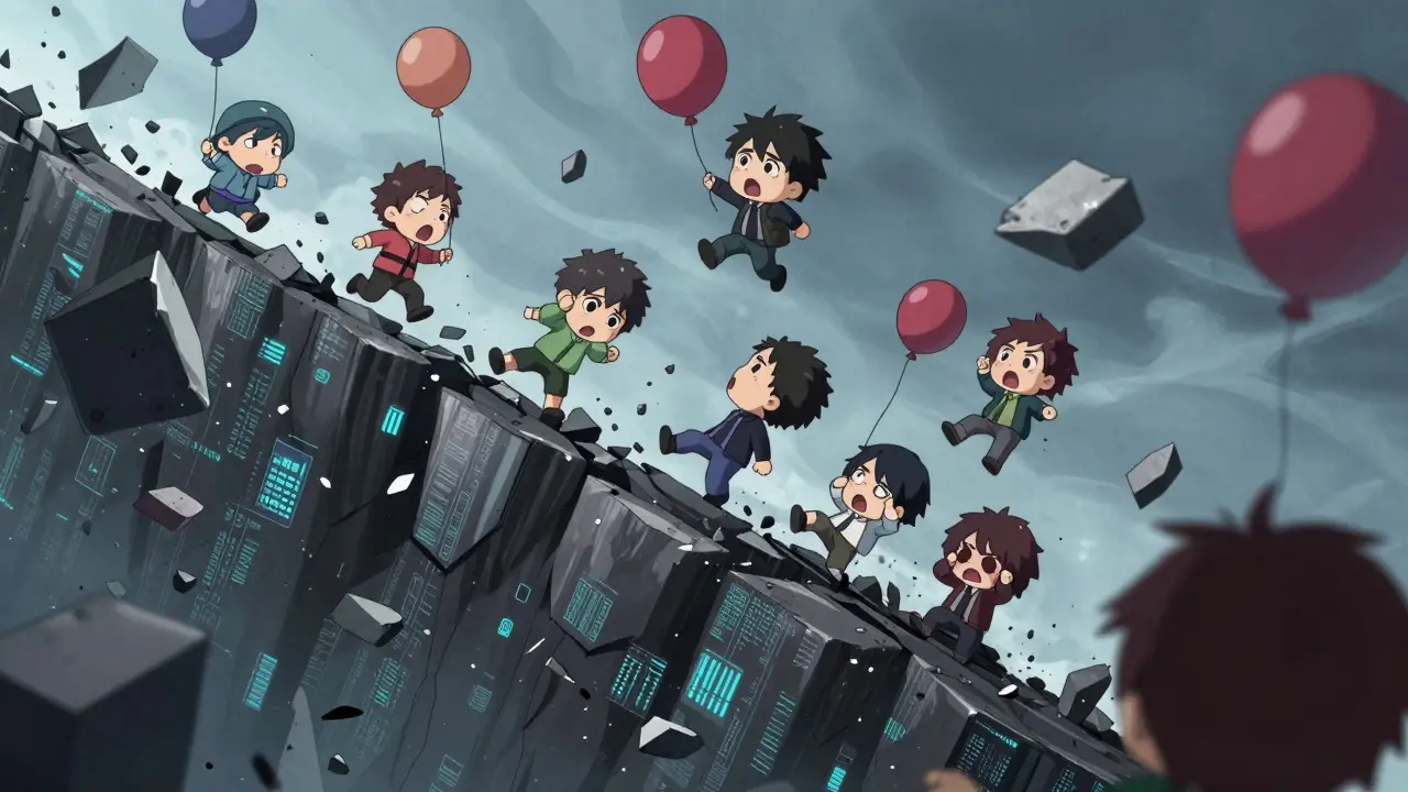 Chibi anime figures falling off a digital cliff as the NFT market collapses