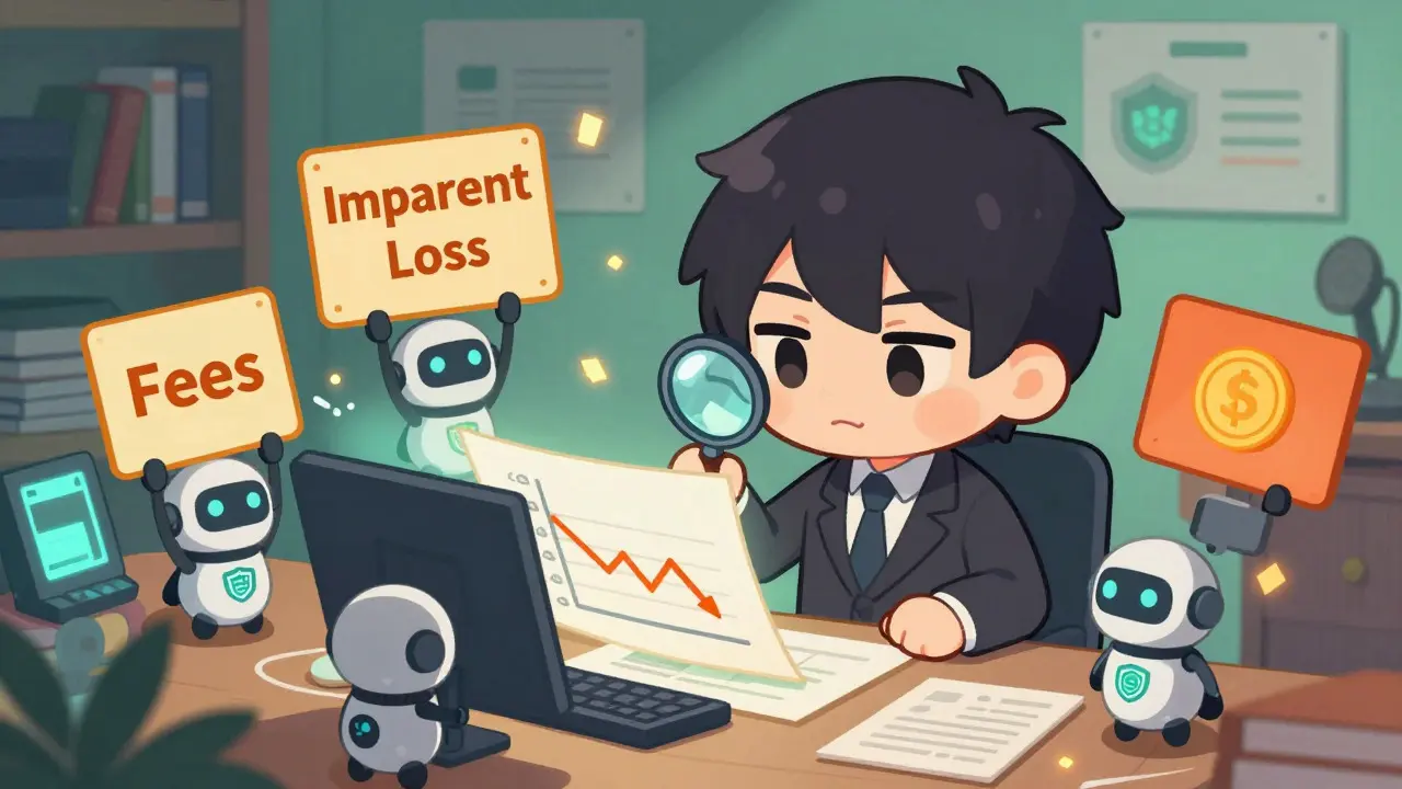 Chibi anime investor analyzing risk factors with robot assistants