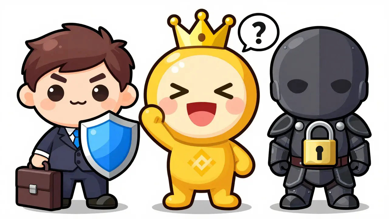 Chibi avatars of CEX.IO, Binance, and Kraken showing different traits
