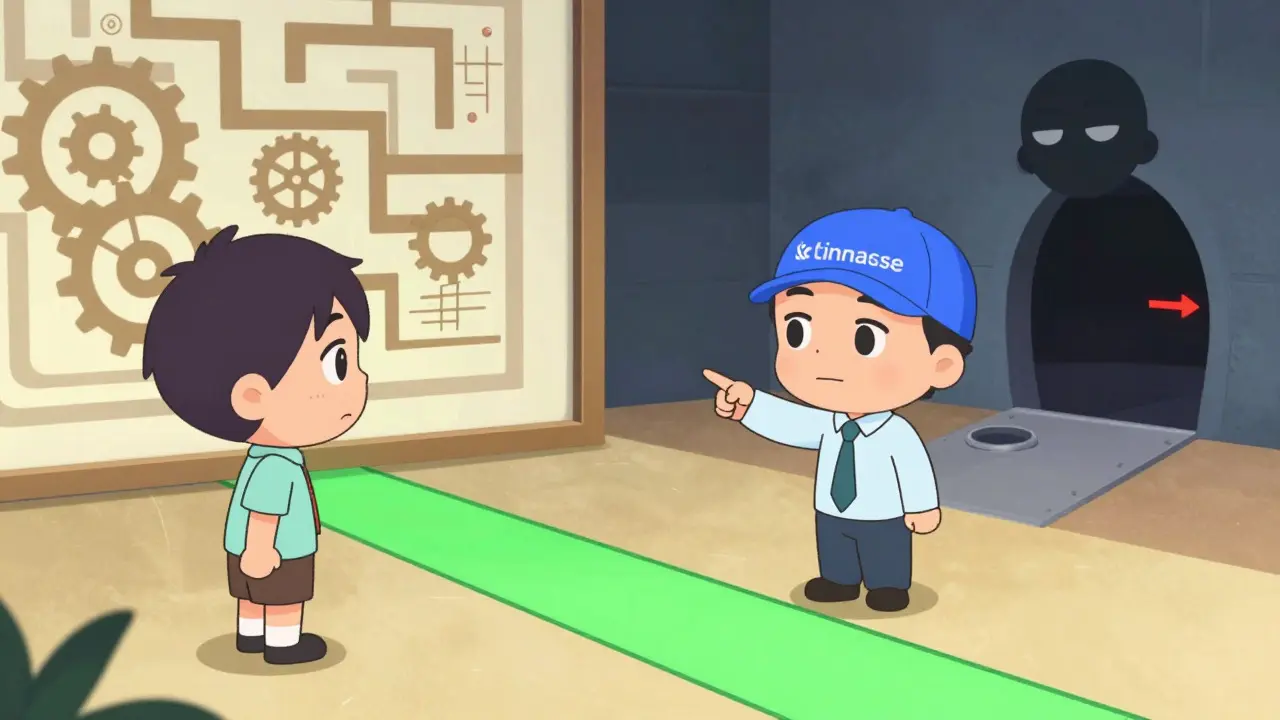 Chibi beginner choosing a simple trading path over a risky shortcut
