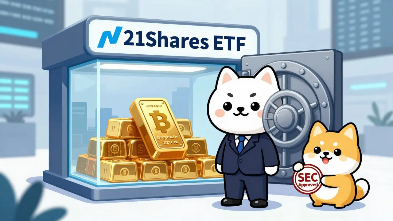 Chibi character at secure vault for regulated Dogecoin ETF