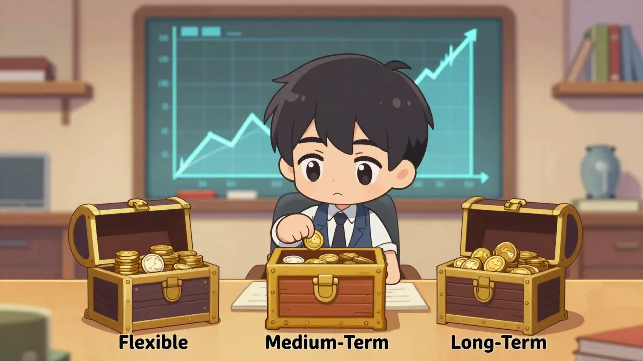 Chibi character diversifying assets into short, medium, and long-term lock boxes
