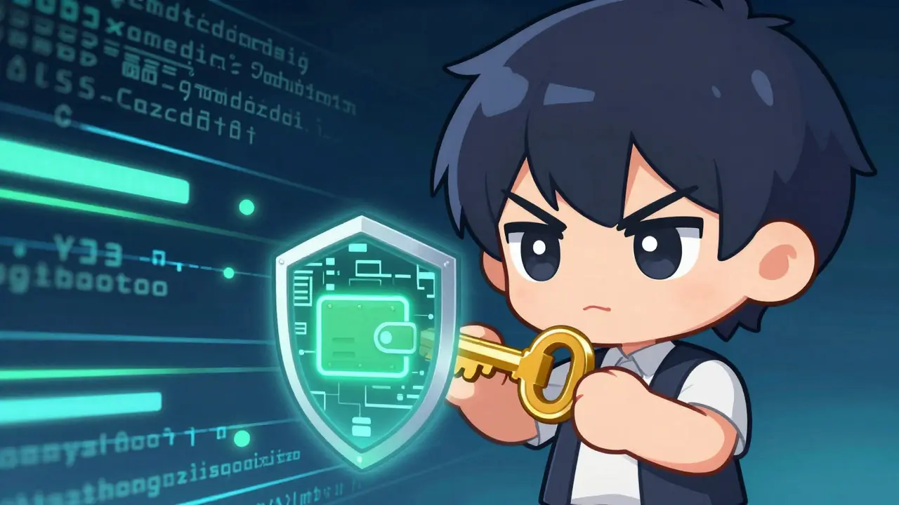 Chibi character holding a golden key turning into a shield to protect a digital wallet.