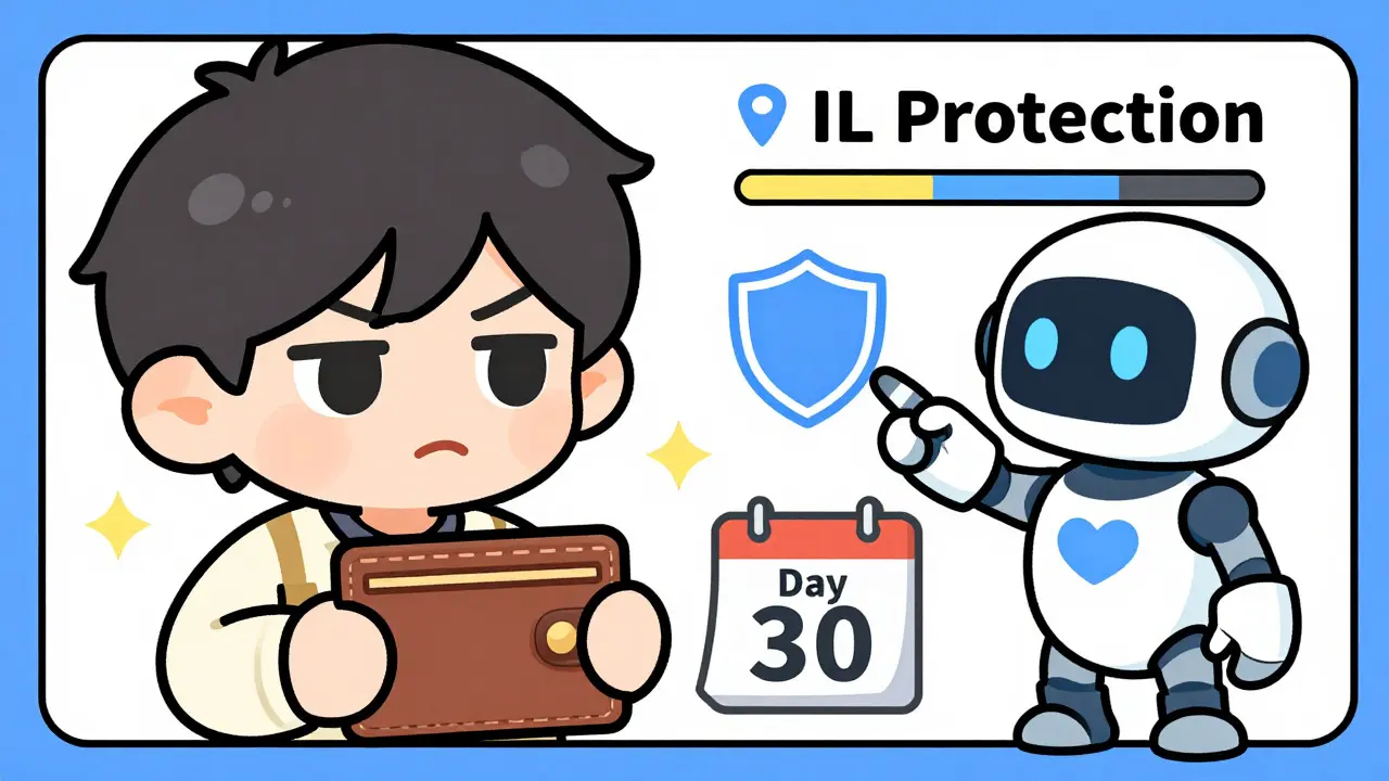 Chibi character learning about impermanent loss protection during lock-up periods