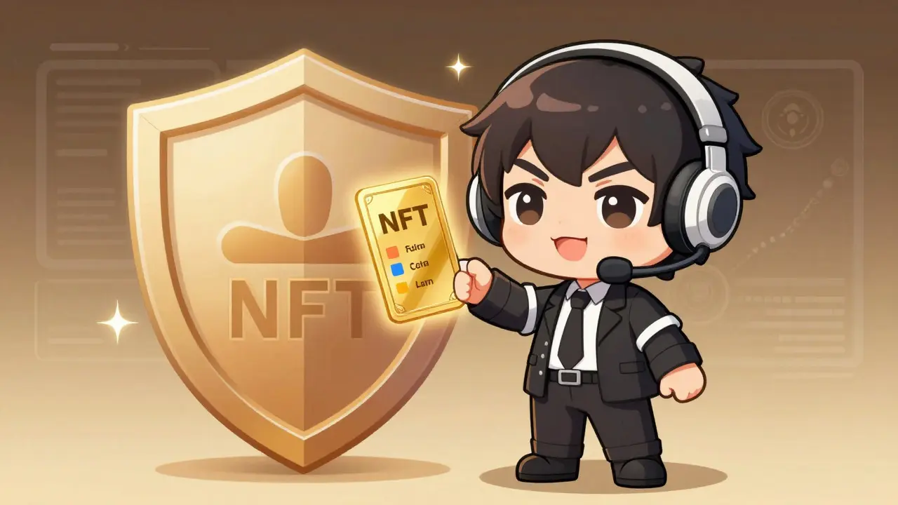 Chibi character presenting a secure, high-value NFT with a shield icon