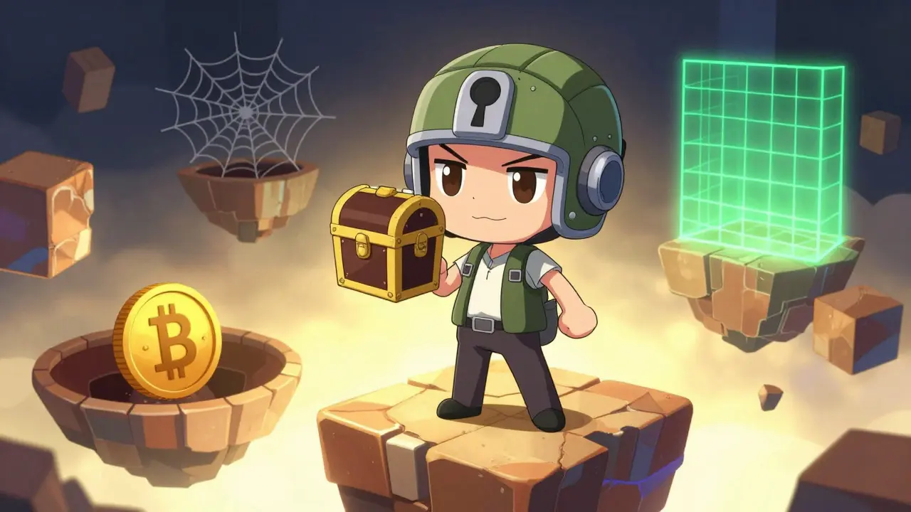 Chibi character safely holding hardware wallet away from digital traps