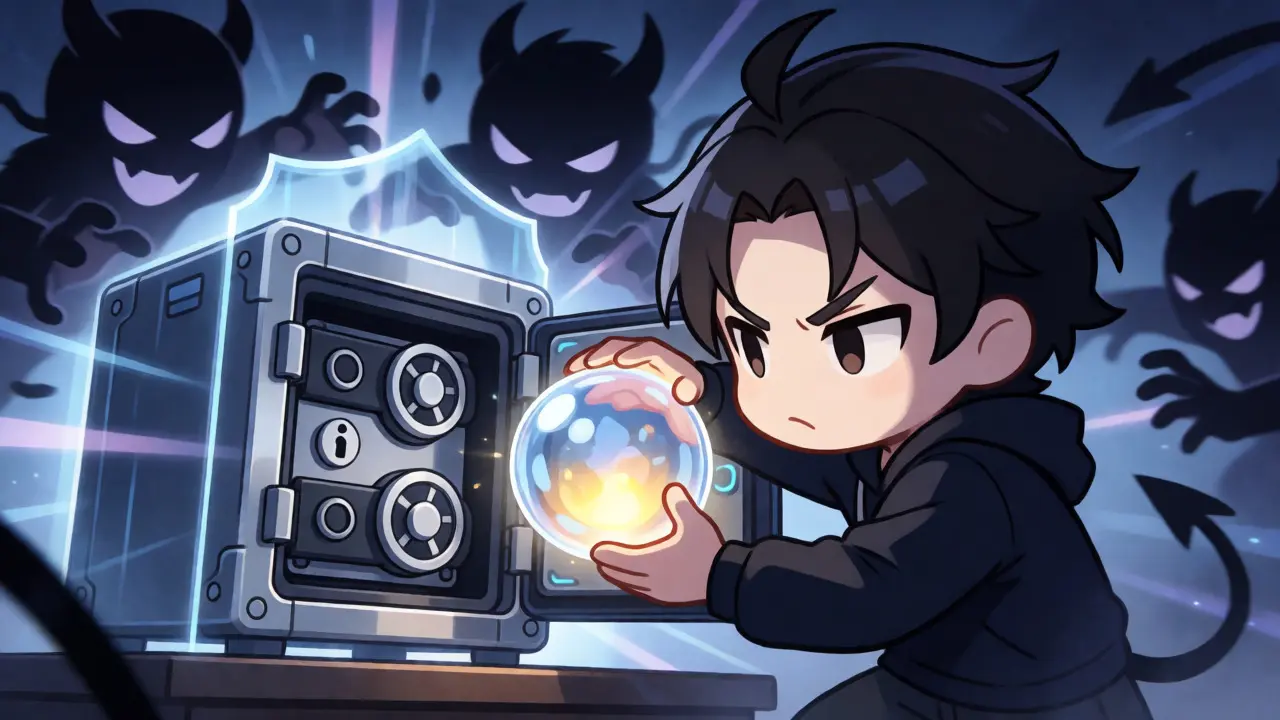Chibi character securing a glowing NFT inside a high-tech safe